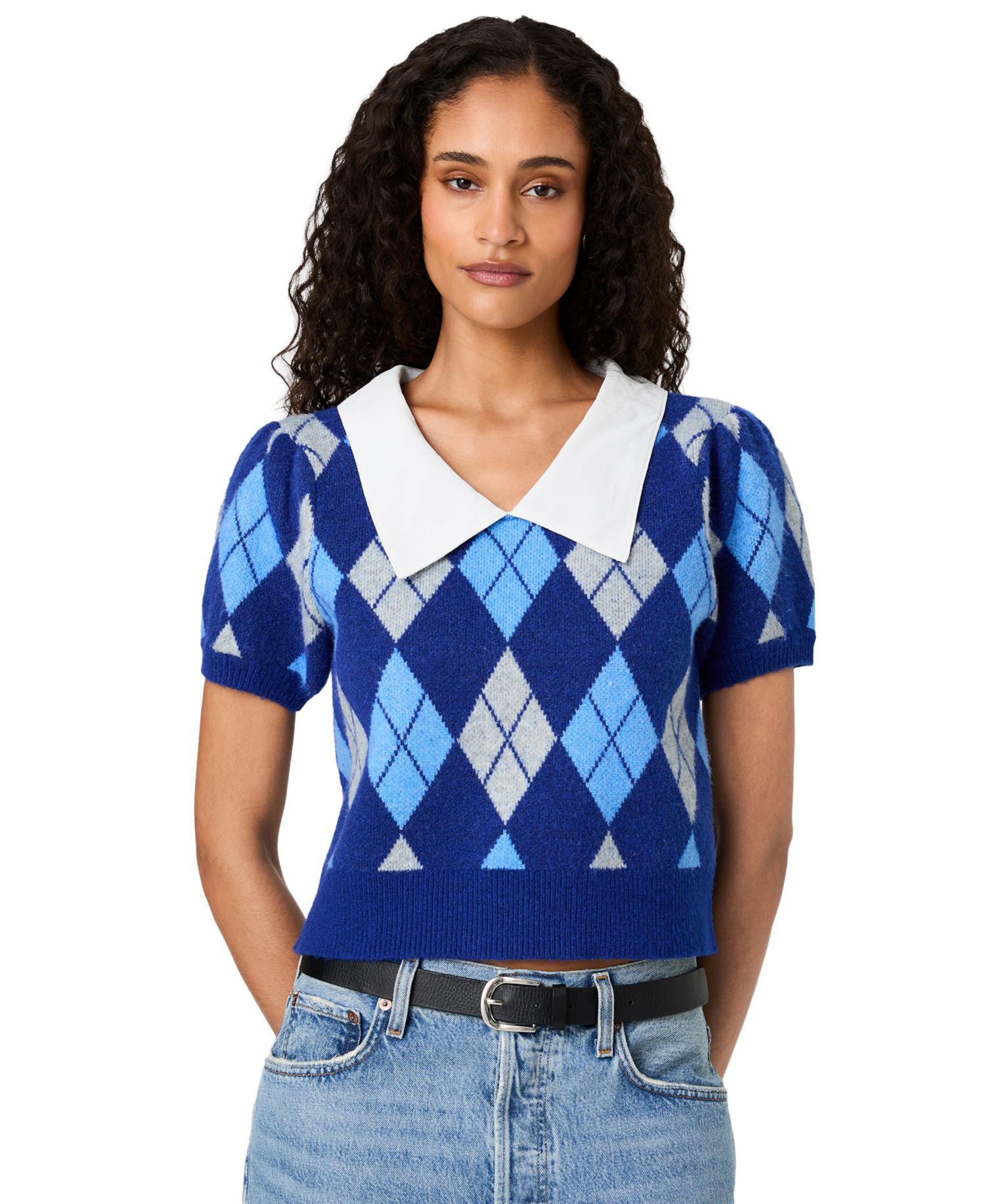Women's Koda Puff-Sleeve Argyle-Jacquard Collared Top