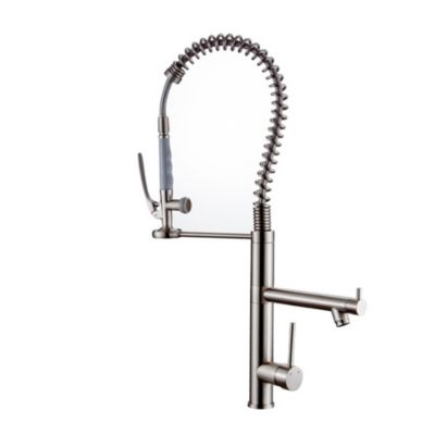 Single Handle Pull-Down Kitchen Faucet with Dual Spouts, 360degree(s) Swivel Brass Sink Faucet for Hot and Cold Water