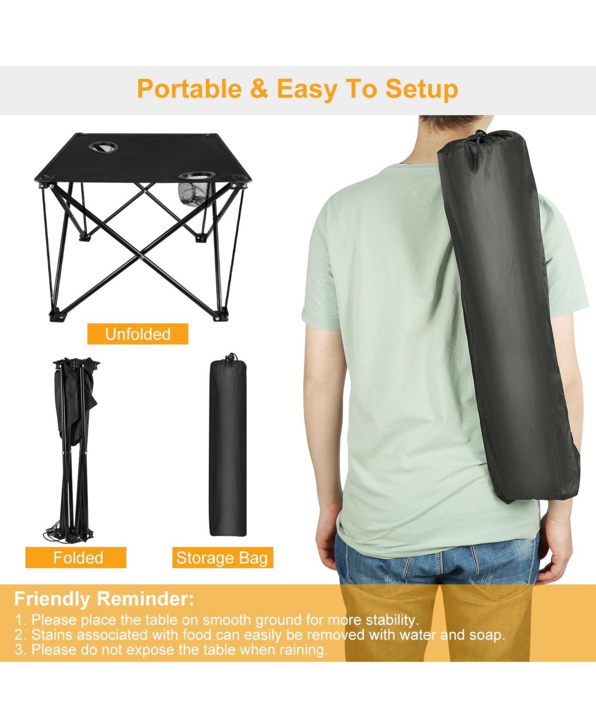 Mountaintop Portable Folding Camp Table, Ultralight 2lb Mini Square Table with 600D Oxford Top, 2 Cup Holders for Picnic Travel