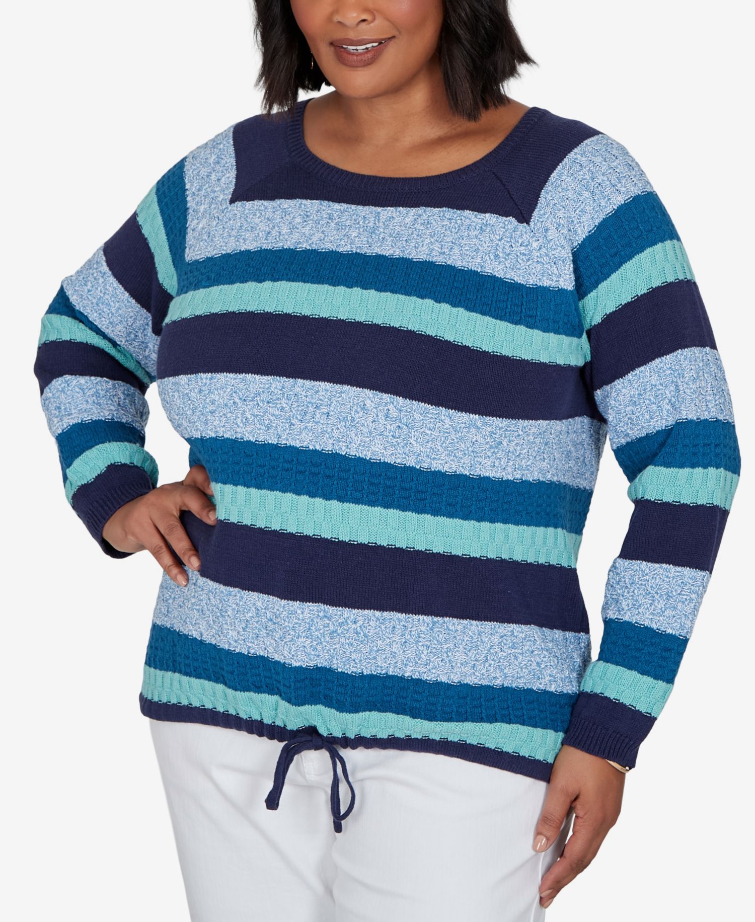 Plus Size Scoop Neck Long-Sleeve Marled-Stripe Pullover Sweater