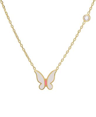 Girls Enamel Butterfly and Cubic Zirconia Bezel Station Necklace in 14K