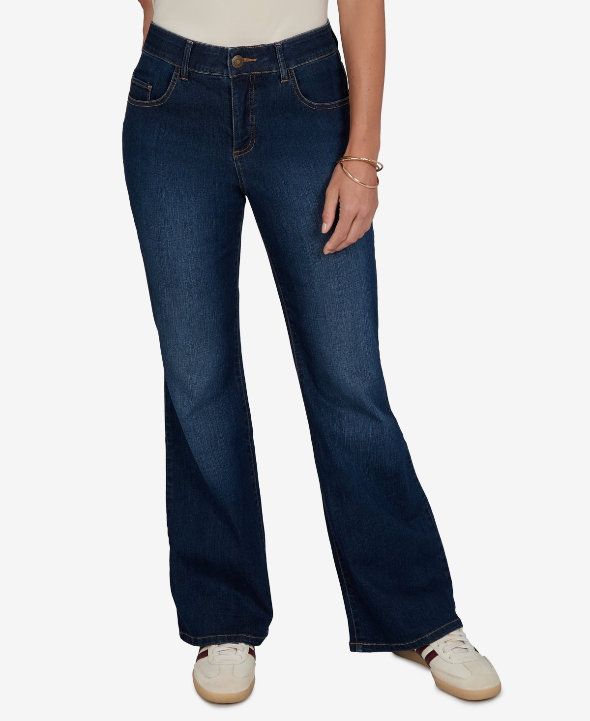 Ruby Rd. Petite Flare Mid-rise Cotton-blend Denim Jeans In Dark Indigo
