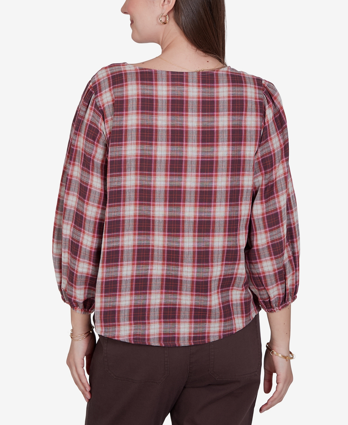 Ruby Rd. Petite Homestead Plaid 3/4-sleeve Button-front Top In Multi