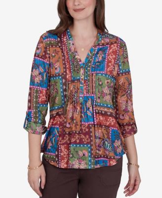 Petite Tapestry Top 3/4-Sleeve Floral-Print Button-Front Blouse