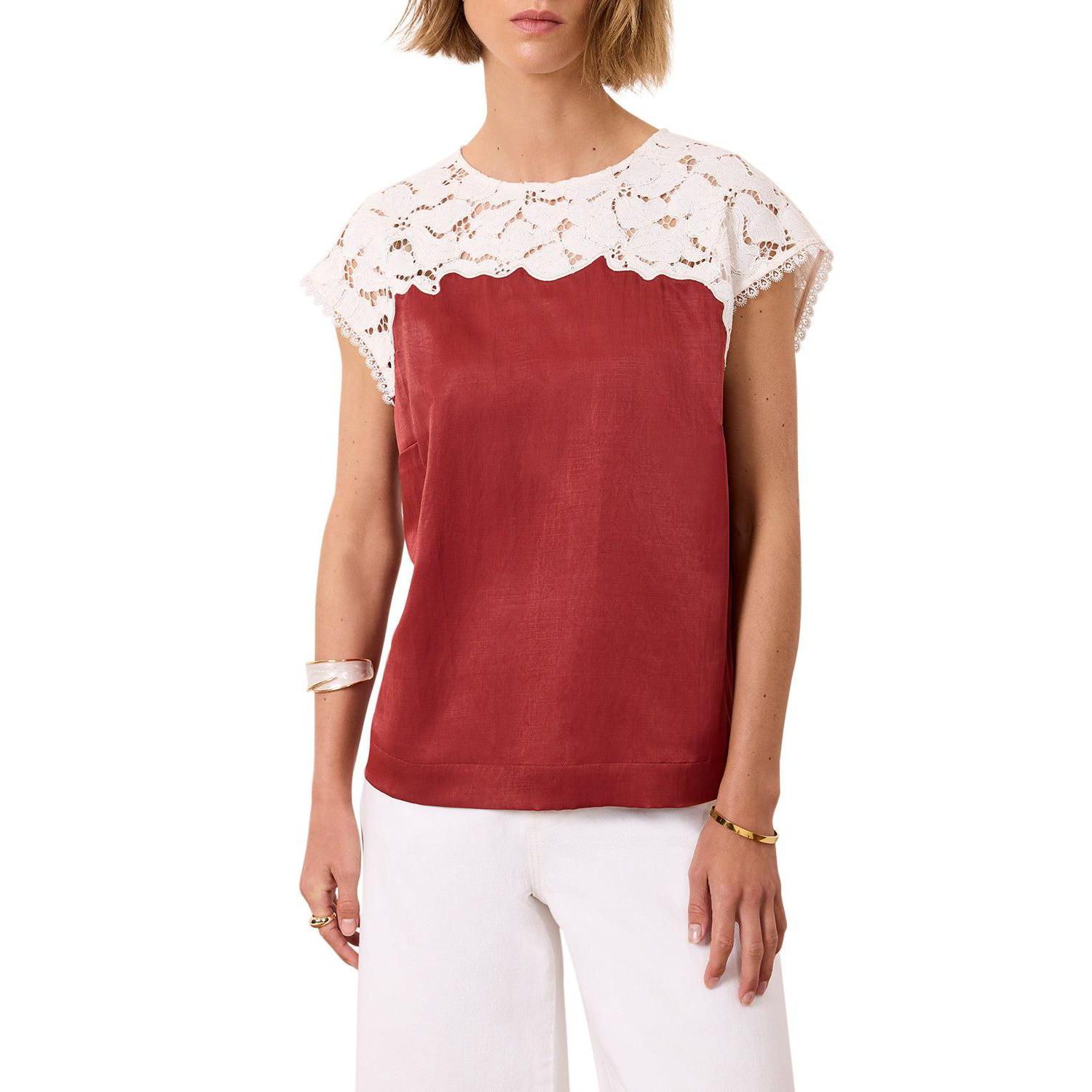 Women's Satin Lace Cap-Sleeve Top