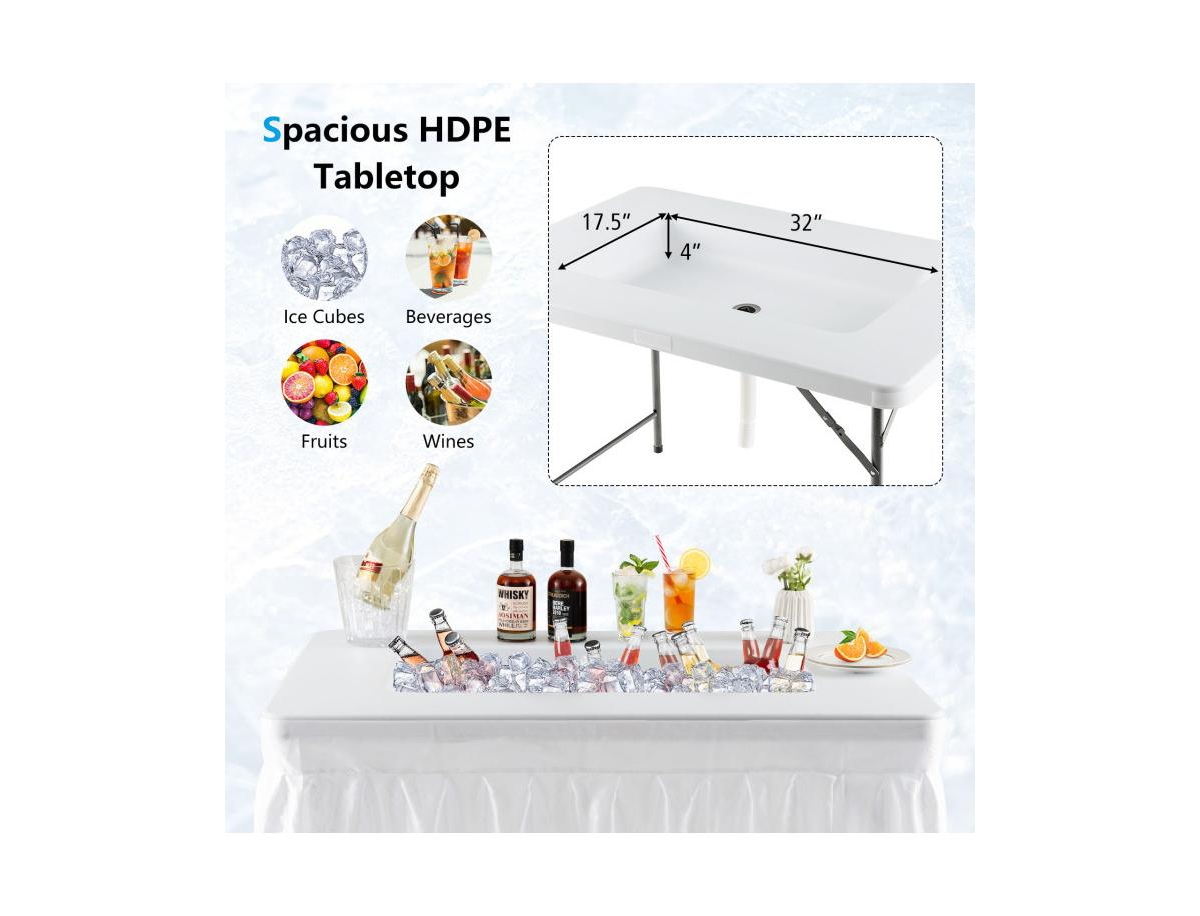 Boyel Living 4 Feet Folding Ice Bin Table with Skirt for Camping Picnic Wedding with Ice Bucket