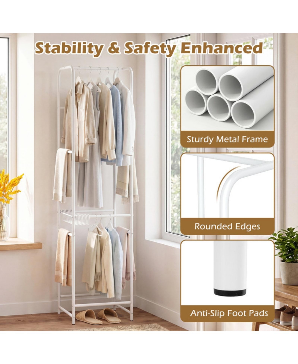 Sugift Slim Freestanding Coat Rack with 8 Hanging Rods and 10 Pants Hangers Vertical Garment Organizer