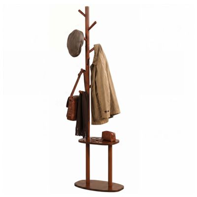 Freestanding Coat Rack with 8 Rubber Wood Hooks and 2 Storage Shelves