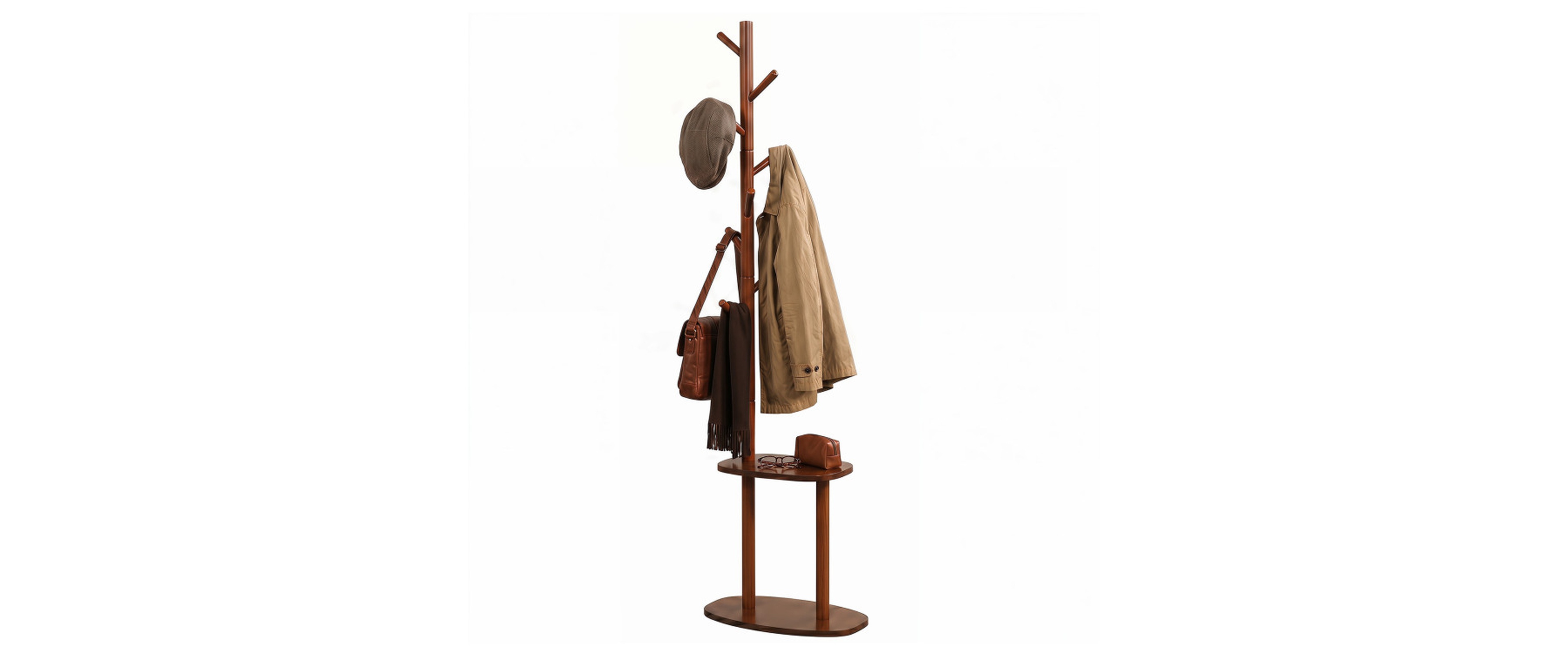 Sugift Freestanding Coat Rack with 8 Rubber Wood Hooks and 2 Storage Shelves