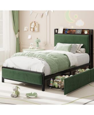 Bed Frame with 2 Drawers and Charging Station, Upholstered Headboard Bed with LED Lights, Under Bed Storage, No Box Spring Needed