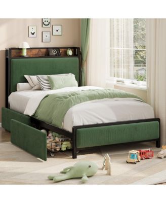 Bed Frame with 2 Drawers and Charging Station, Upholstered Headboard Bed with LED Lights, Under Bed Storage, No Box Spring Needed