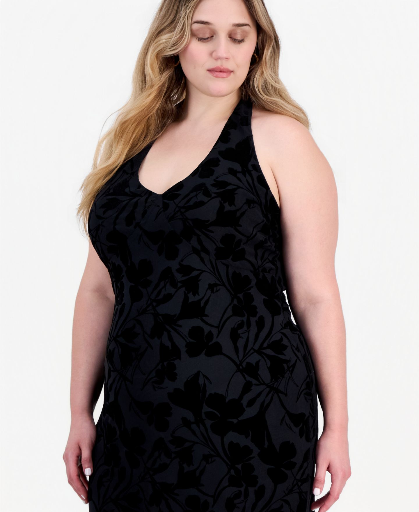 Женское платье FULL CIRCLE TRENDS Plus Size Flocked Mesh Halter Tie Neck Floral Midi, цвет: Чёрный с принтом — фото 2