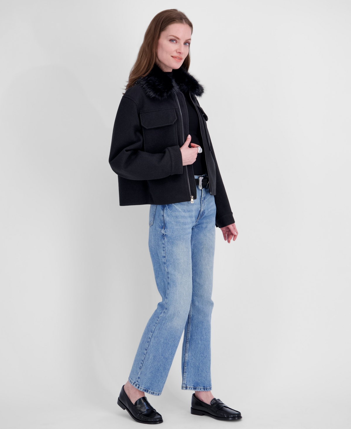 Tahari Women's Detachable Faux-Fur Collar Cropped Coat