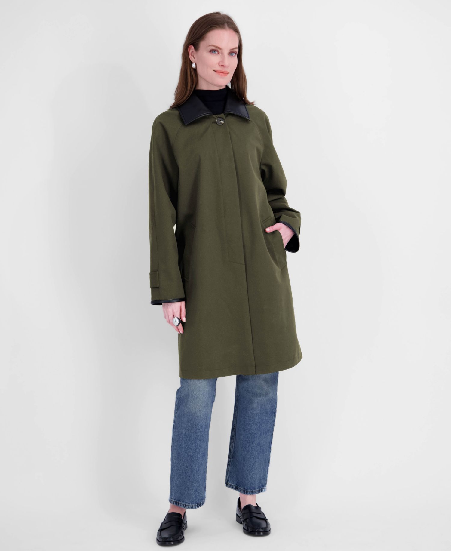 Women's Water-Resistant Faux-Leather Collared Balmacaan Coat