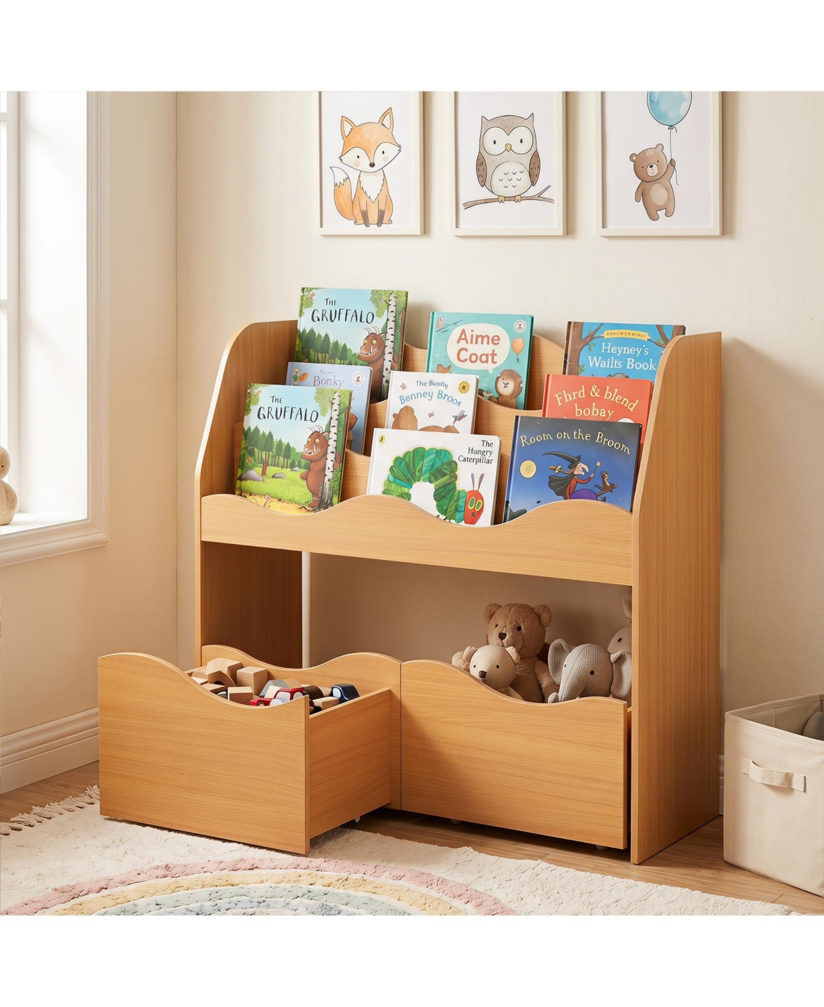 Gymax Kids Toy Storage Organizer Wooden Montessori Bookshelf with Two Rolling Drawers