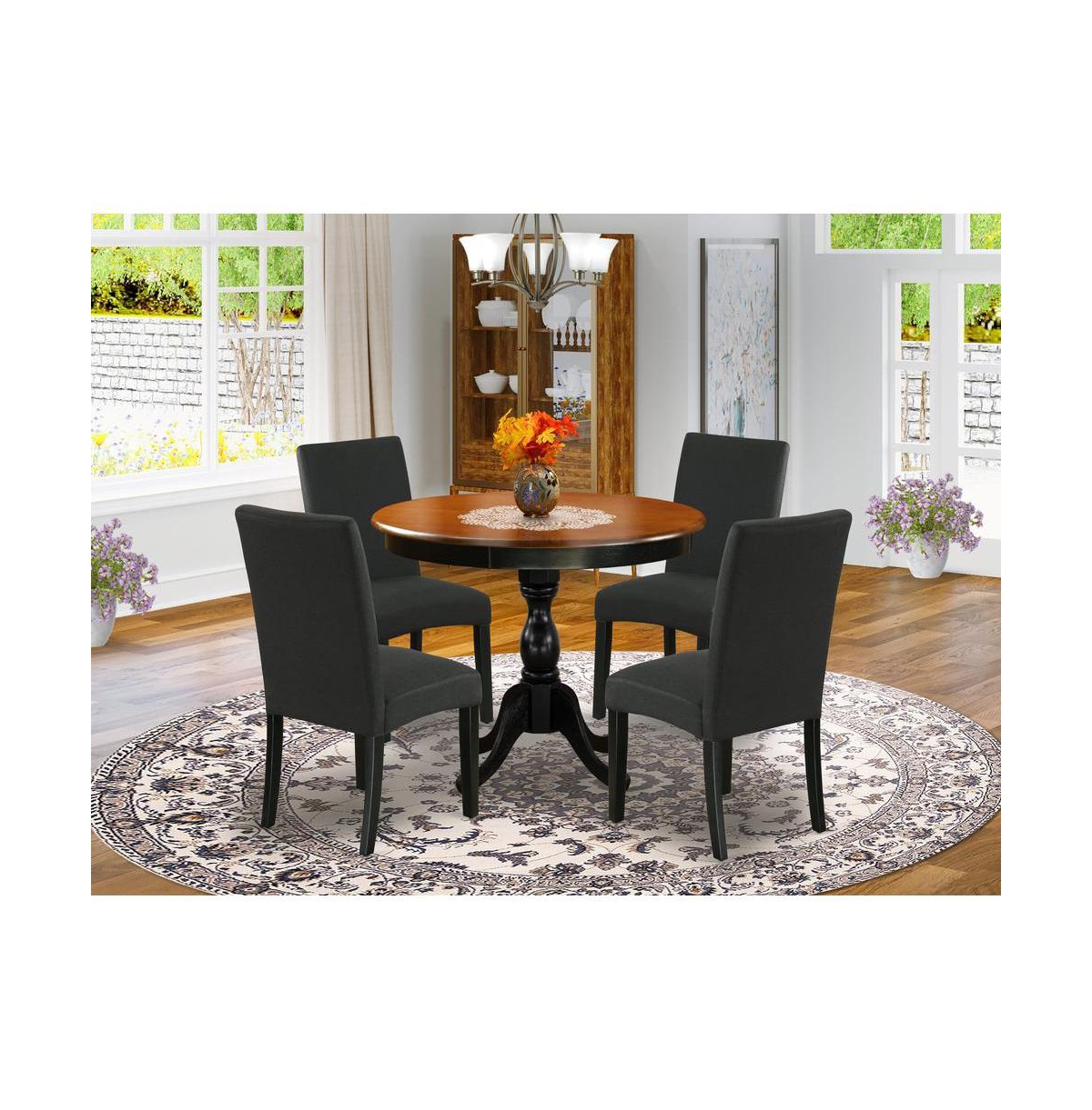 East West Furniture 5-Piece Round Dining Set Includes a Wooden Dinner Table and 4 Black Linen Fabric Parson Dining Chairs with High Back
