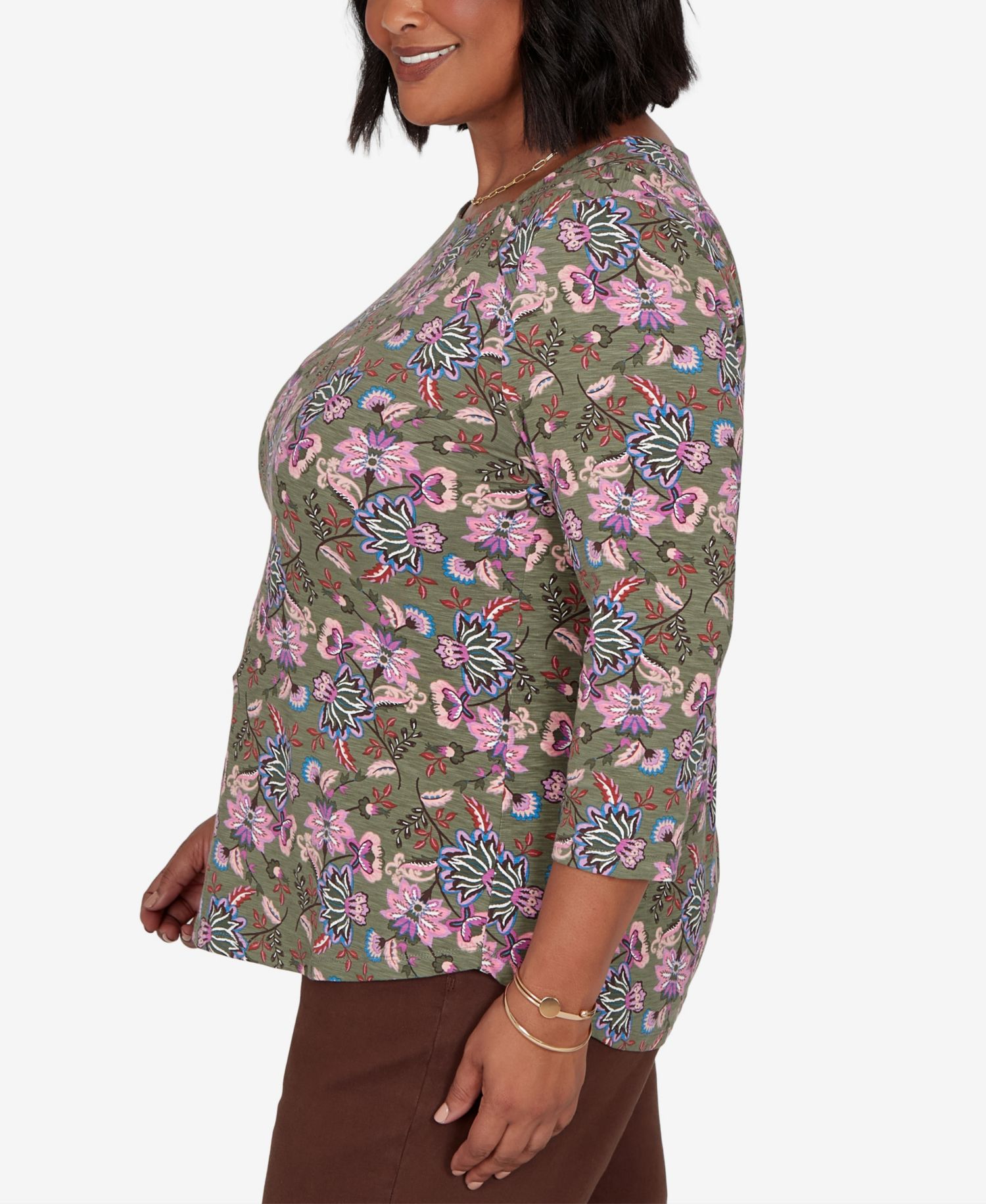 Plus Size Knt Garden Square Neck 3/4-Sleeve Floral Cotton-Blend T-Shirt