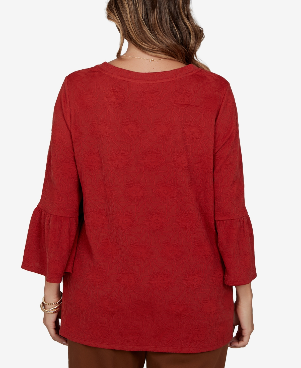 Ruby Rd. Plus Size V-neck Floral Bell-sleeve Blouse In Red