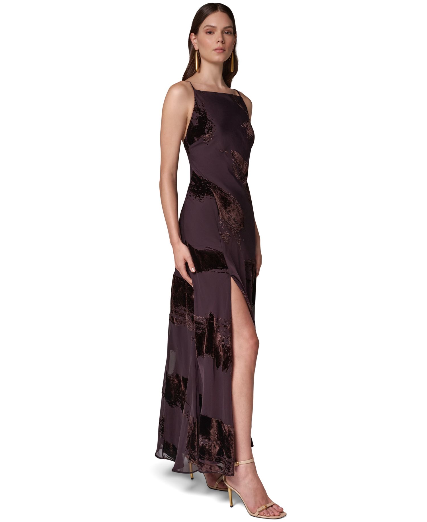 Women's Boat Neck Velvet-Burnout Gown with Low V-Back