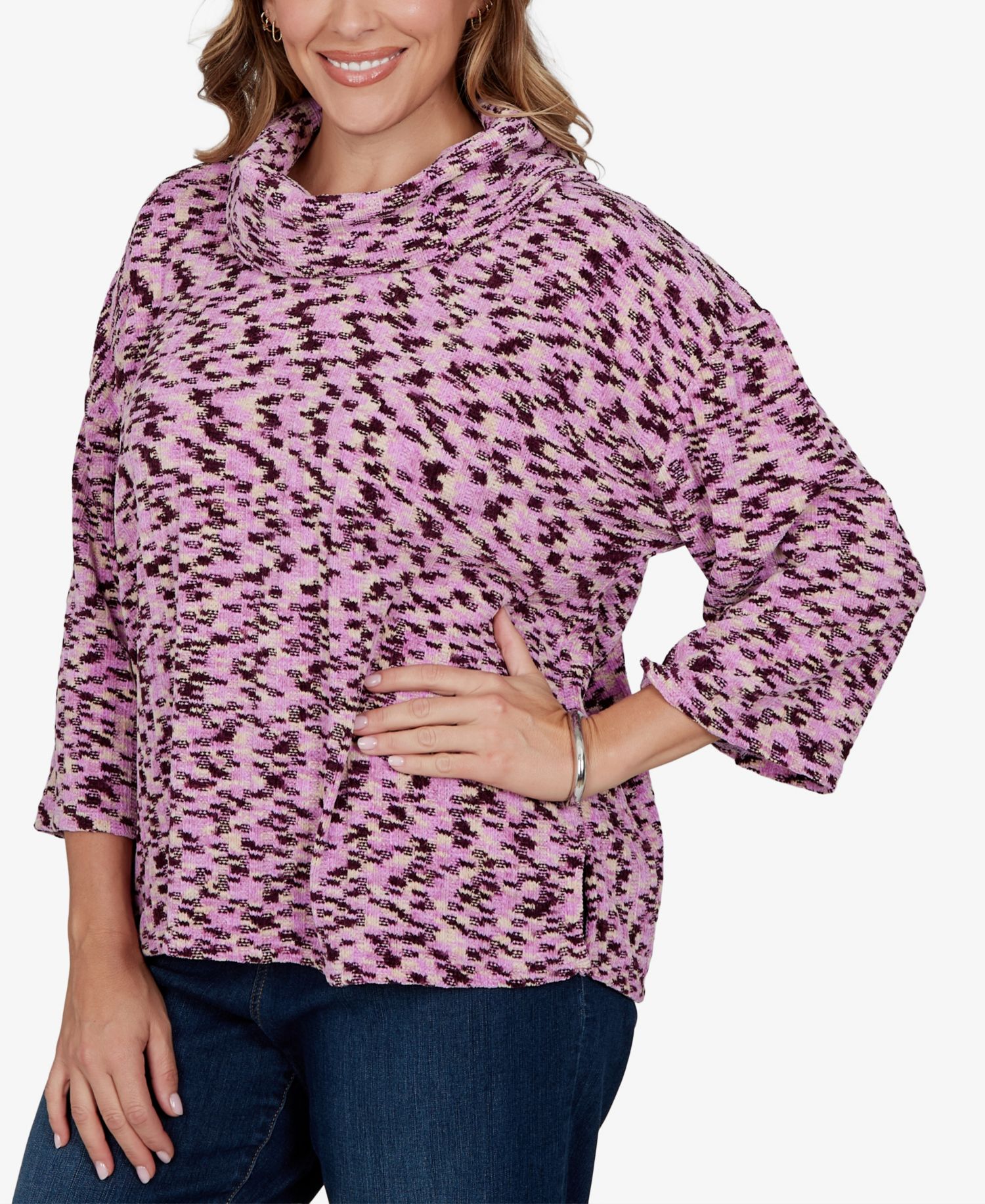 Plus Size Cowl Neck 3/4-Sleeve Spacedye Knit Top
