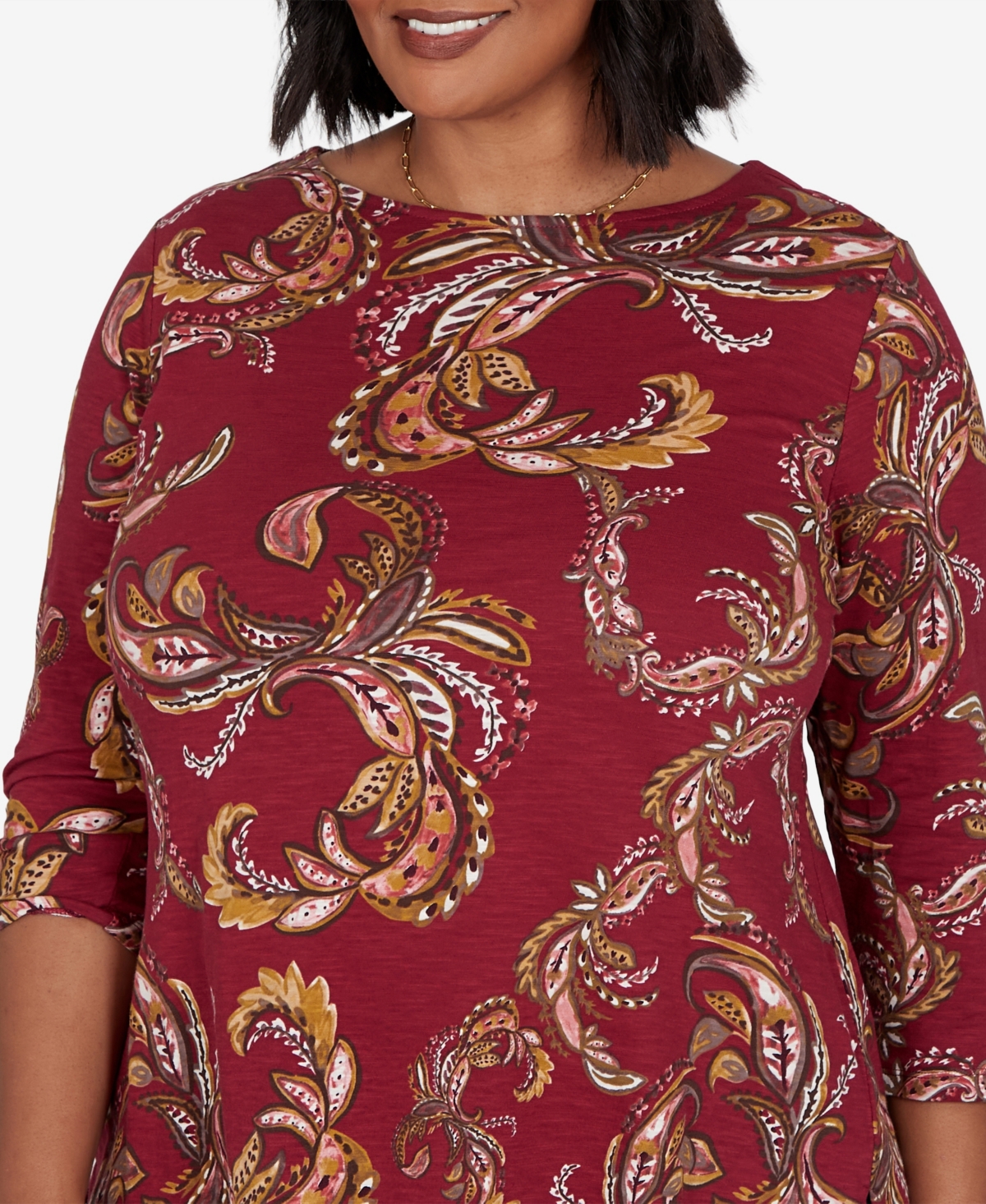 Ruby Rd. Plus Size Paisley 3/4-sleeve Boat-neck T-shirt In Red