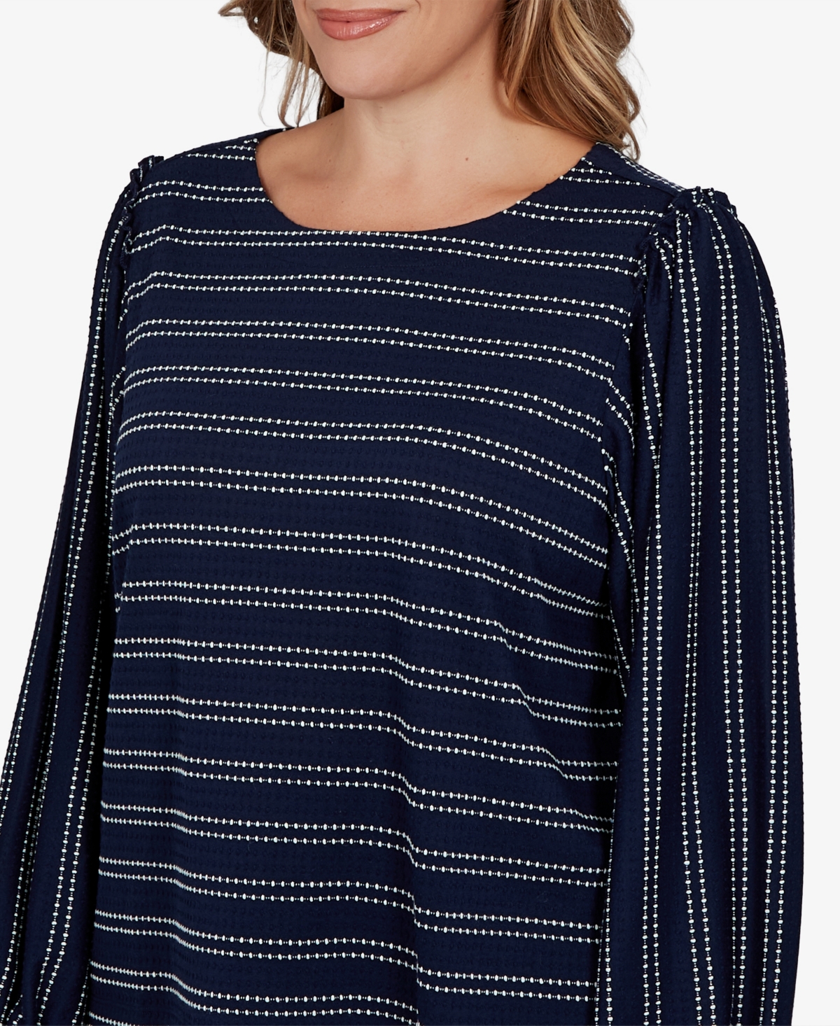 Ruby Rd. Plus Size Dobby Stripe Long-sleeve Boat Neck Blouse In Blue