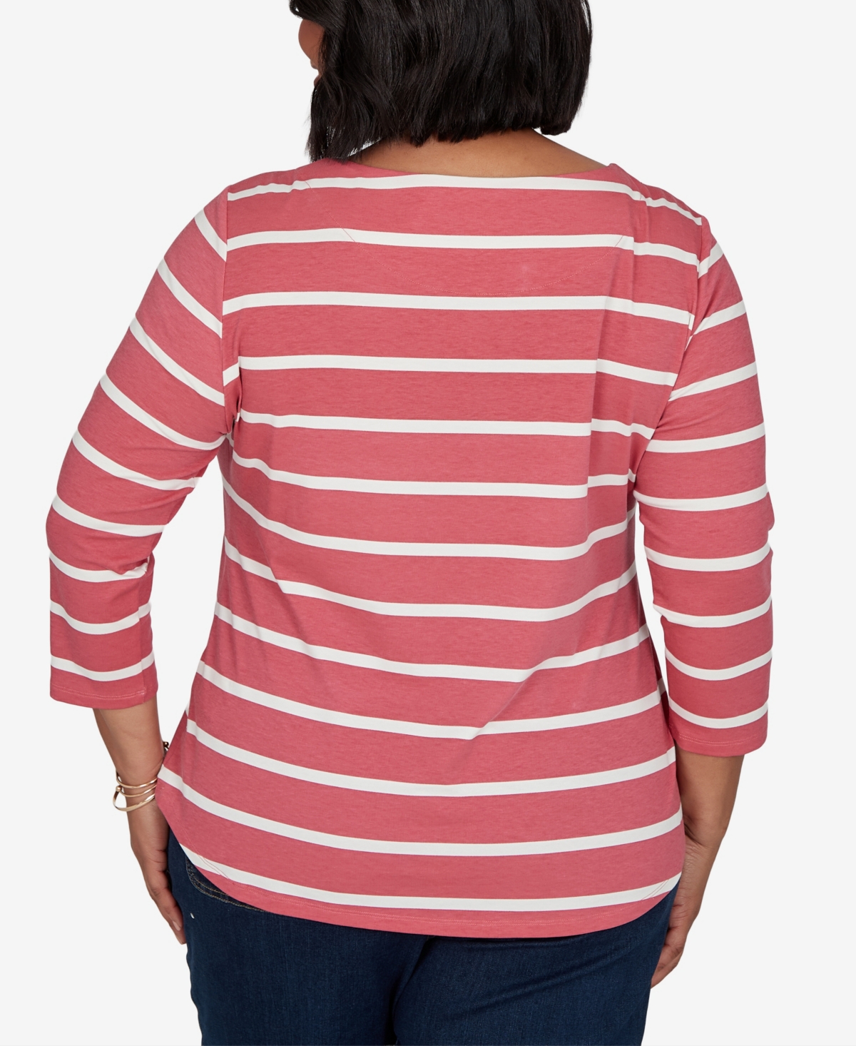 Ruby Rd. Plus Size Boat Neck 3/4-sleeve Striped T-shirt In Red