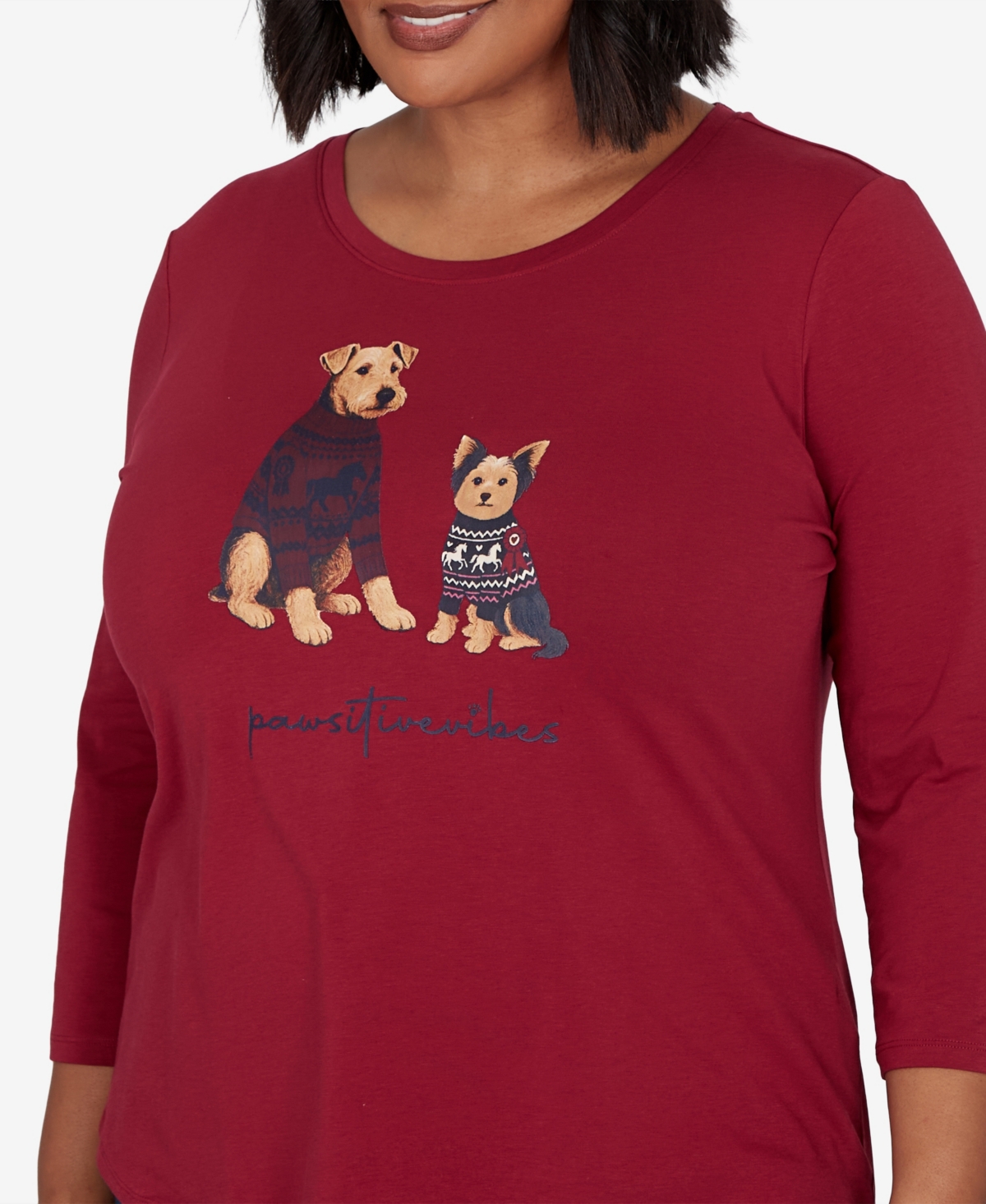 Ruby Rd. Plus Size Pawsitive Boat Neck 3/4-sleeve Graphic T-shirt In Red