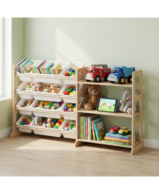 Kids Toy Storage Organizer 56" Wide Wood Bookshelf with 12 Bins and 3 Open Shelves Anti-Tip Rounded Edges for Playroom Bedroom Nursery