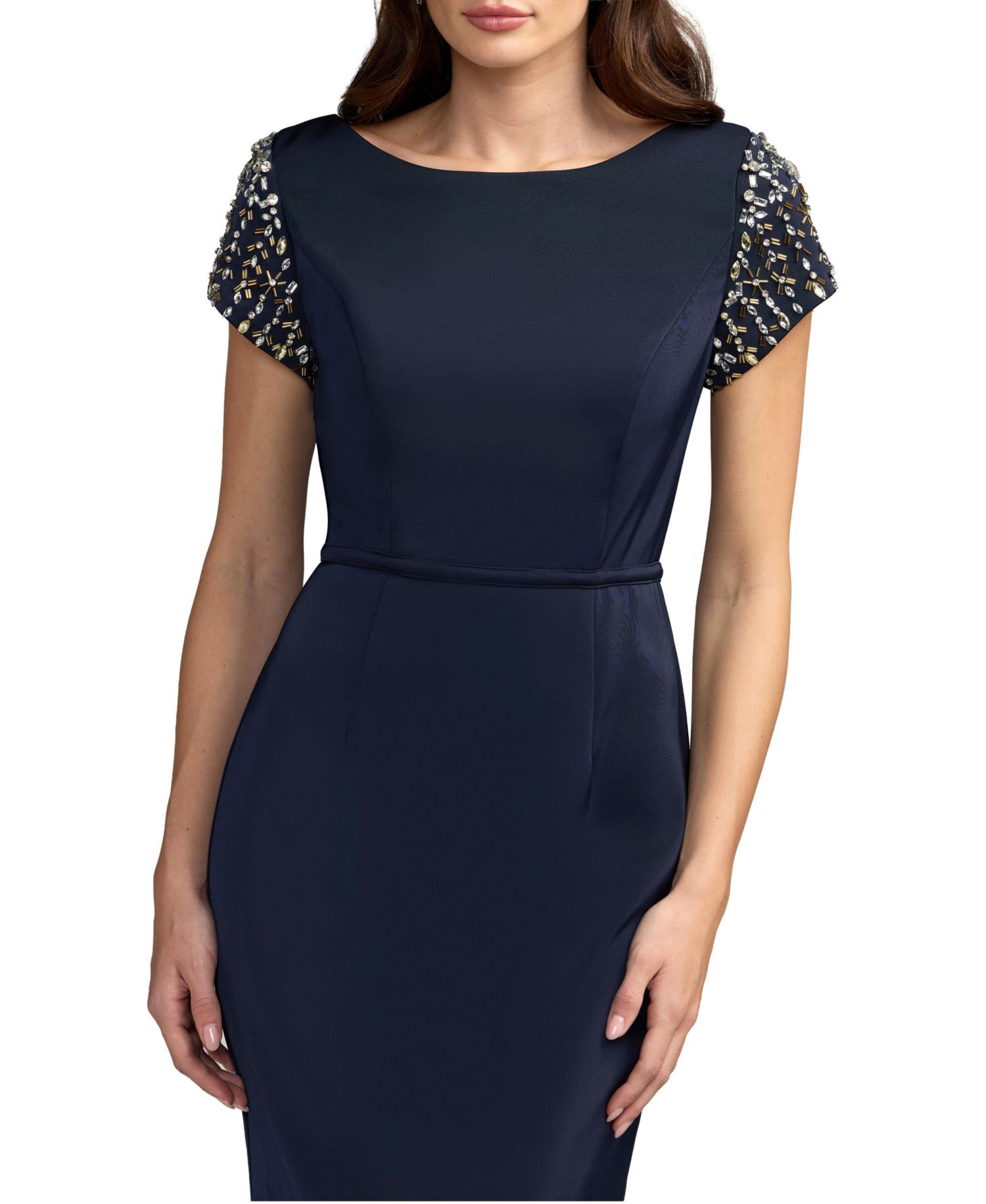 Women's Embellished Sleeve Crepe Column Gown
