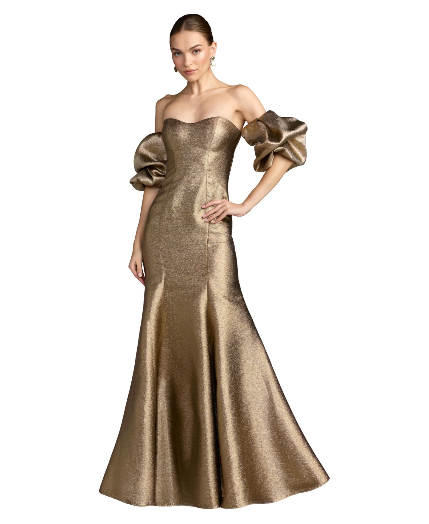 Женское платье-русалка Mac Duggal из металлизированной ткани с открытыми плечами, цвет: Золотой — фото 1