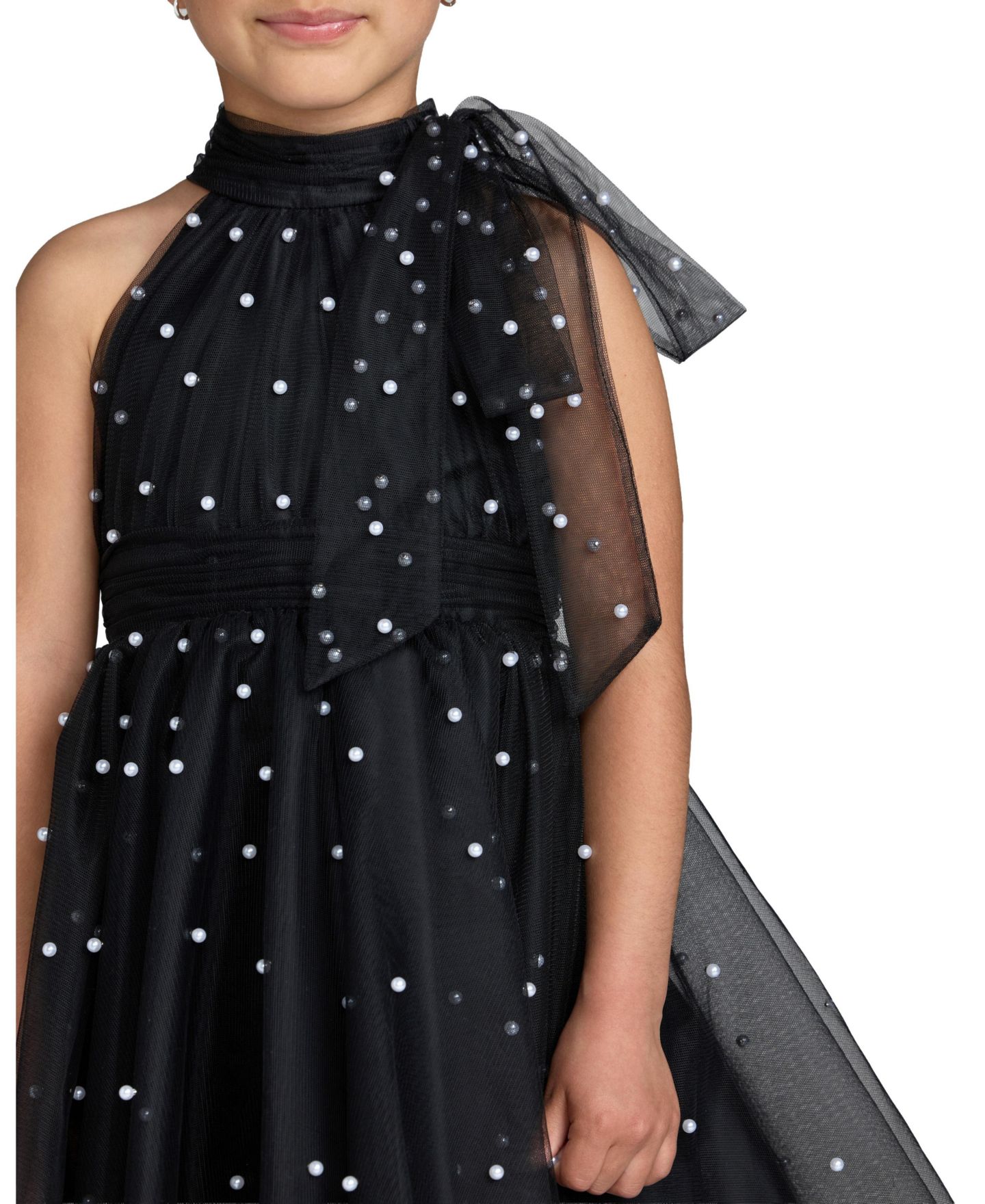 Платье Mac Duggal Pearl Embellished Tulle Fit and Flare Dress для девочек, цвет: Чёрная слоновая кость — фото 2