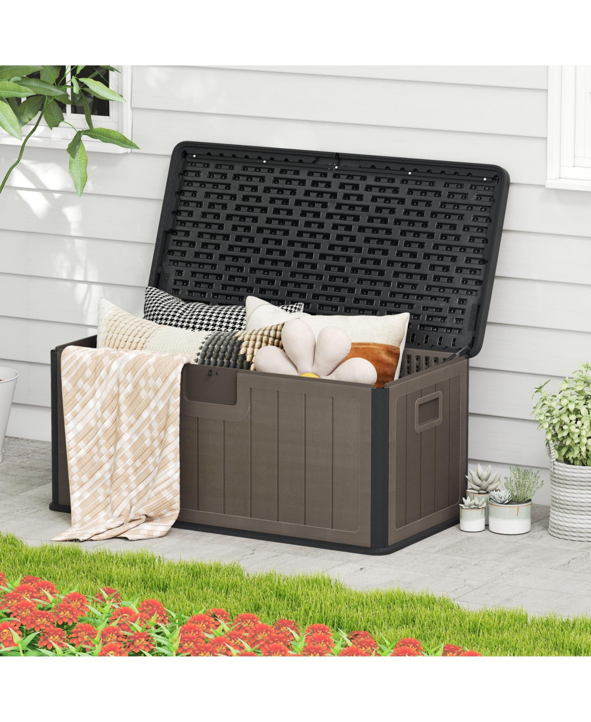 Slickblue 100-Gallon Outdoor Storage Box with Lockable Lid for Patio and Deck