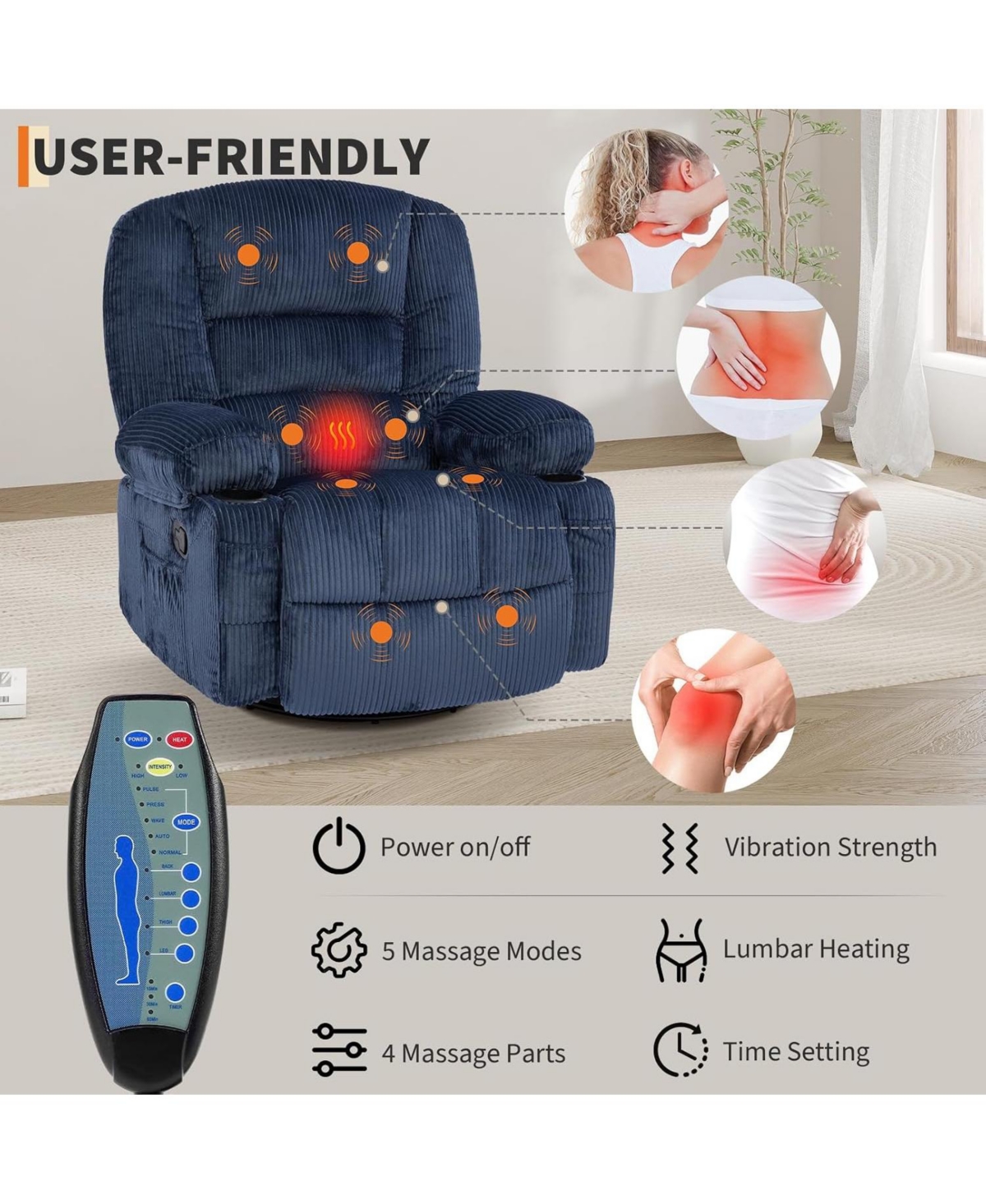 Oversized Swivel Rocker Recliner with Massage and Heat, Corduroy, Extra Wide Seat