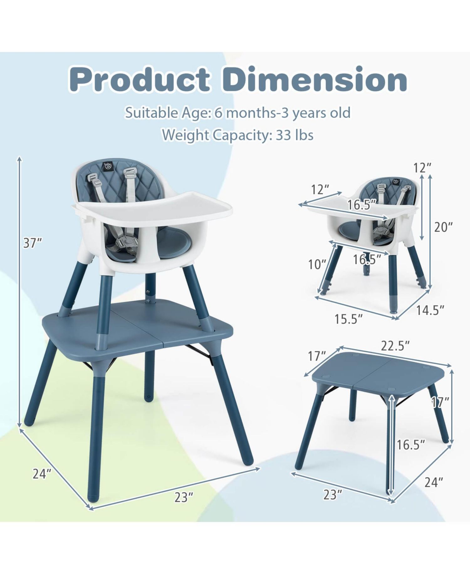 4-in-1 Infant High Dining Chair with 5-point Harness, Removable and Adjustable Tray