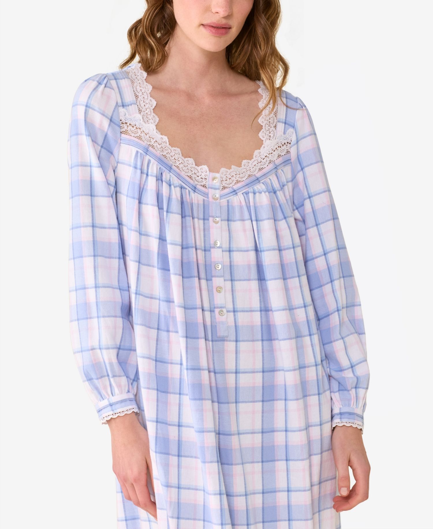 Women's Ballet Long-Sleeve Plaid Lace-Trim V-Neck Nightgown