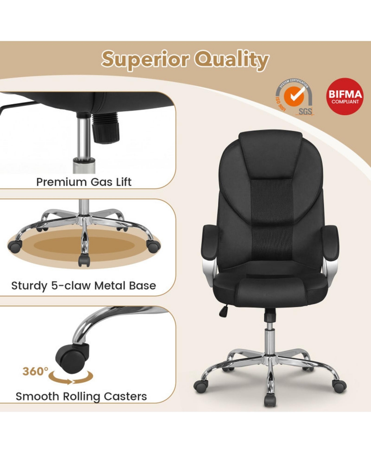 Sugift Ergonomic Leather Mesh Executive Office Chair with Padded Armrests and Rocking Backrest