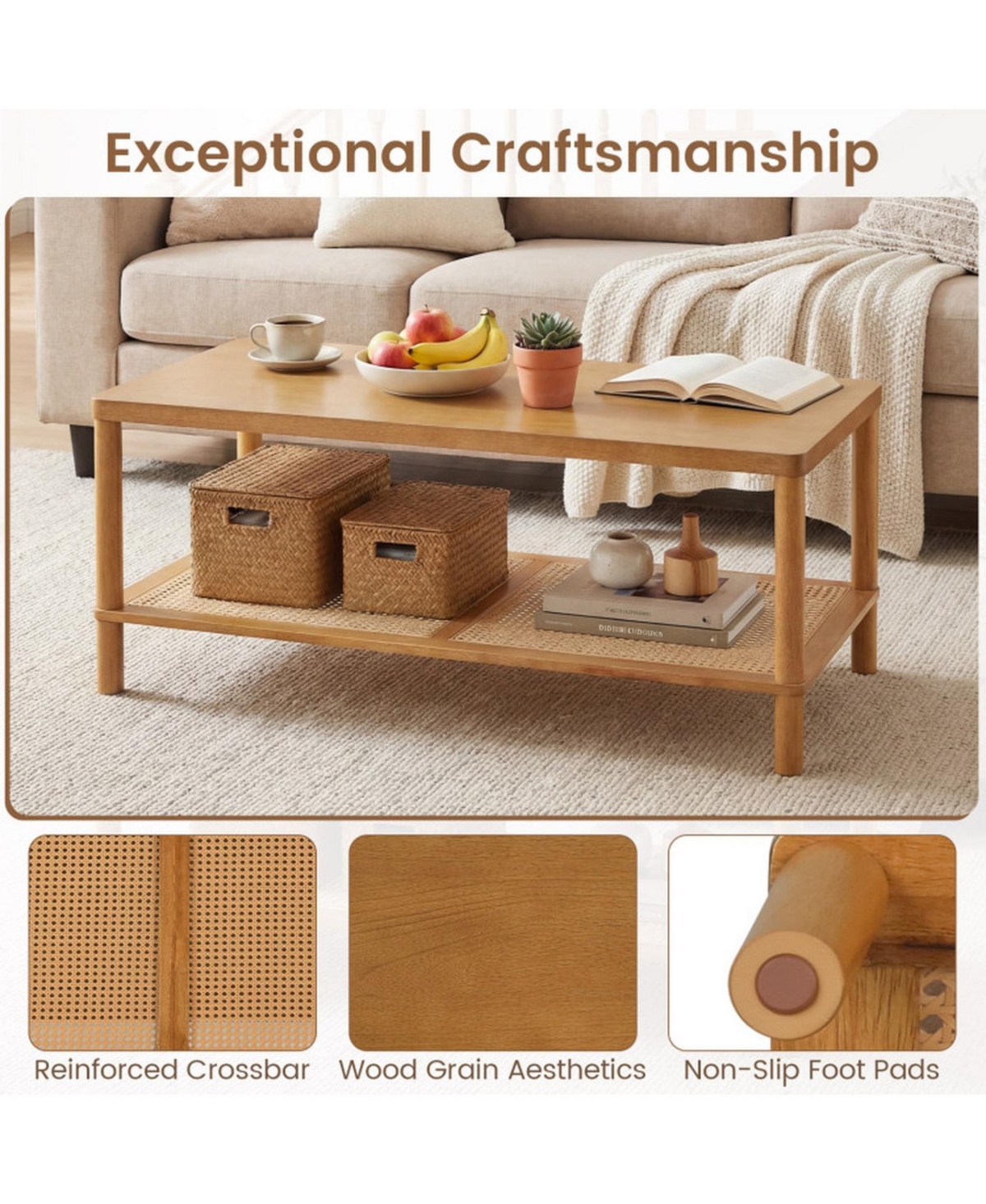 Sugift 2-Tier Boho Rectangular Coffee Table with Rubber Wood Frame and Woven Storage Shelf