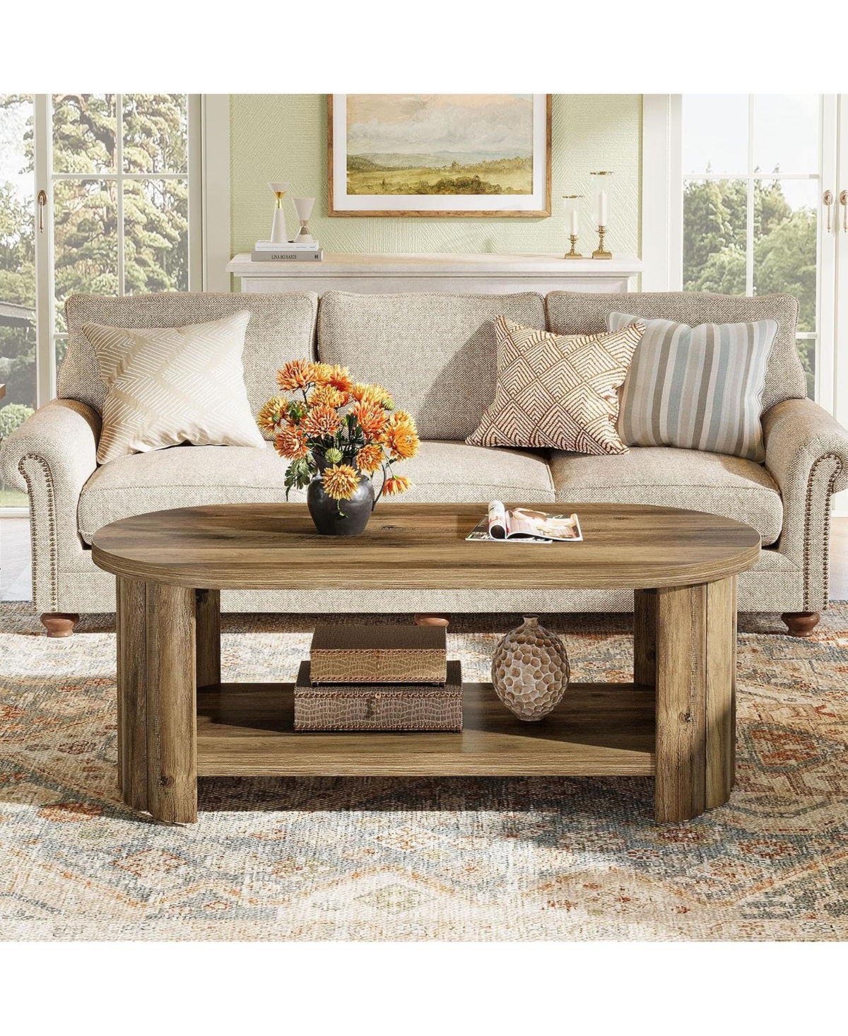 Tribesigns 47.24" Oval Coffee Table with Storage Shelf, Farmhouse
