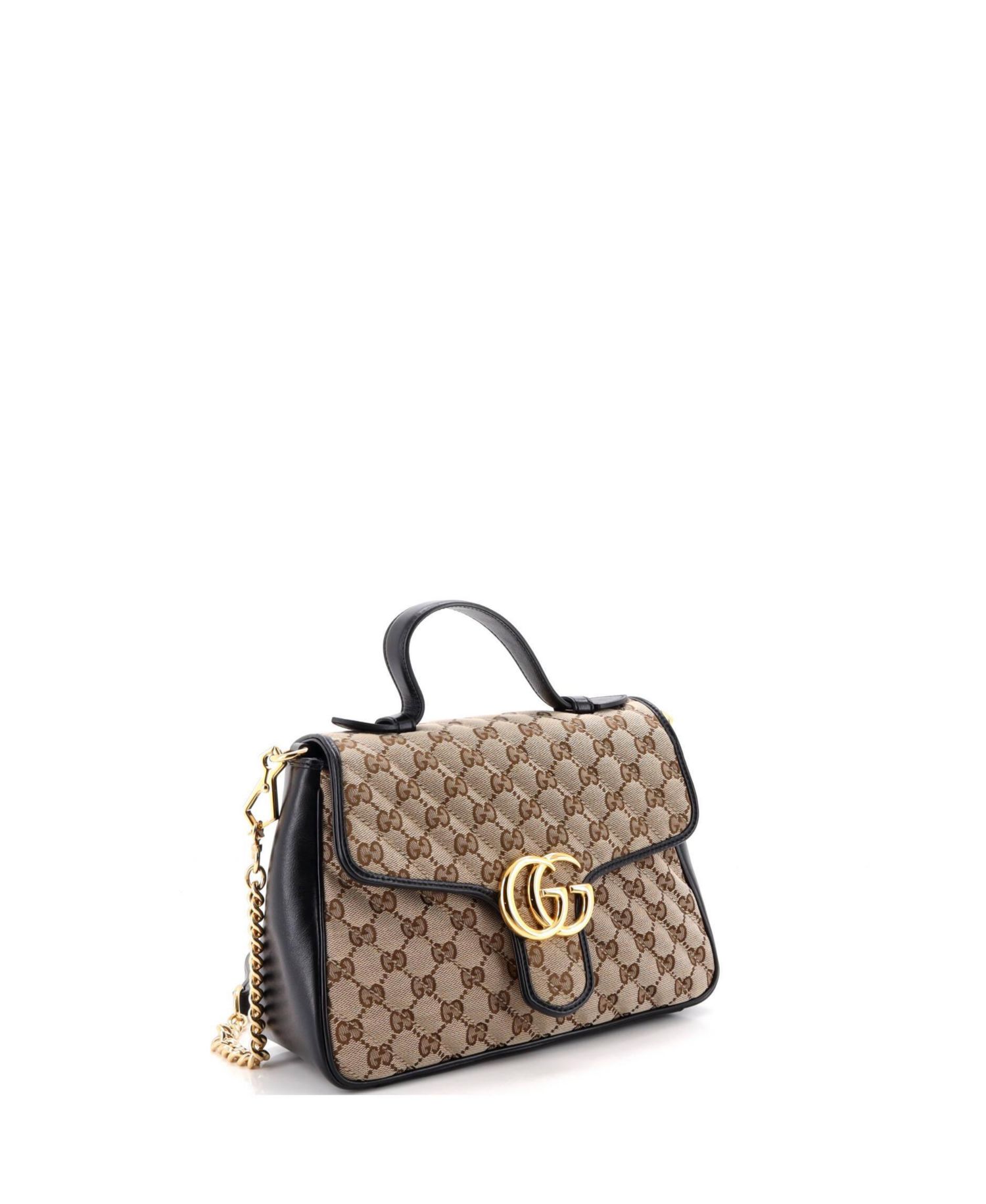 Small GG Marmont Top Handle Flap Bag Diagonal Quilted GG Canvas with Leather