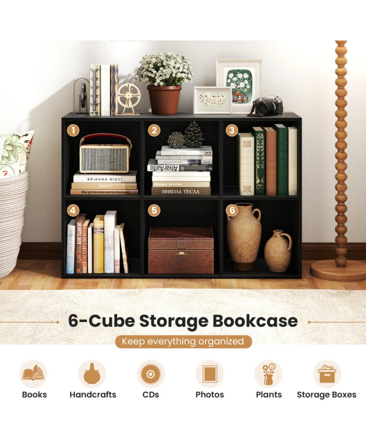 Sugift Modern 6-Cube Bookcase with Anti-Tipping Kits for Bedroom