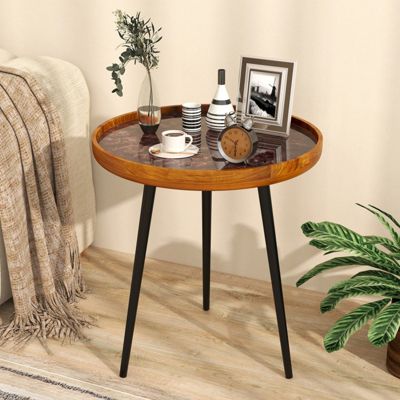 20 Inch Handcrafted Round End Table with Sea Shell Tray Top and Epoxy Resin Finish