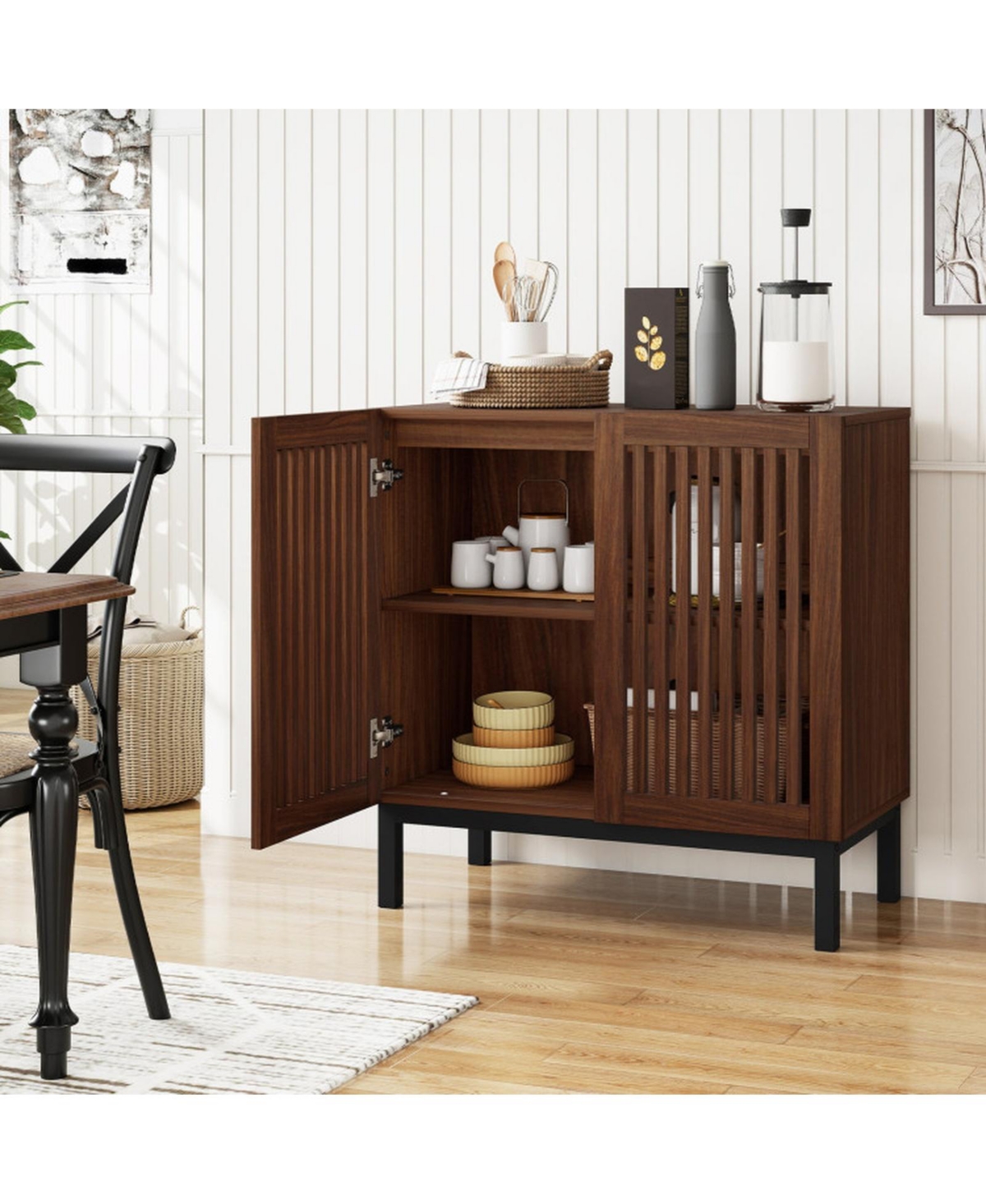 Sugift 32 Inch Farmhouse Buffet Cabinet with Grille-Striped Doors and Adjustable Shelf