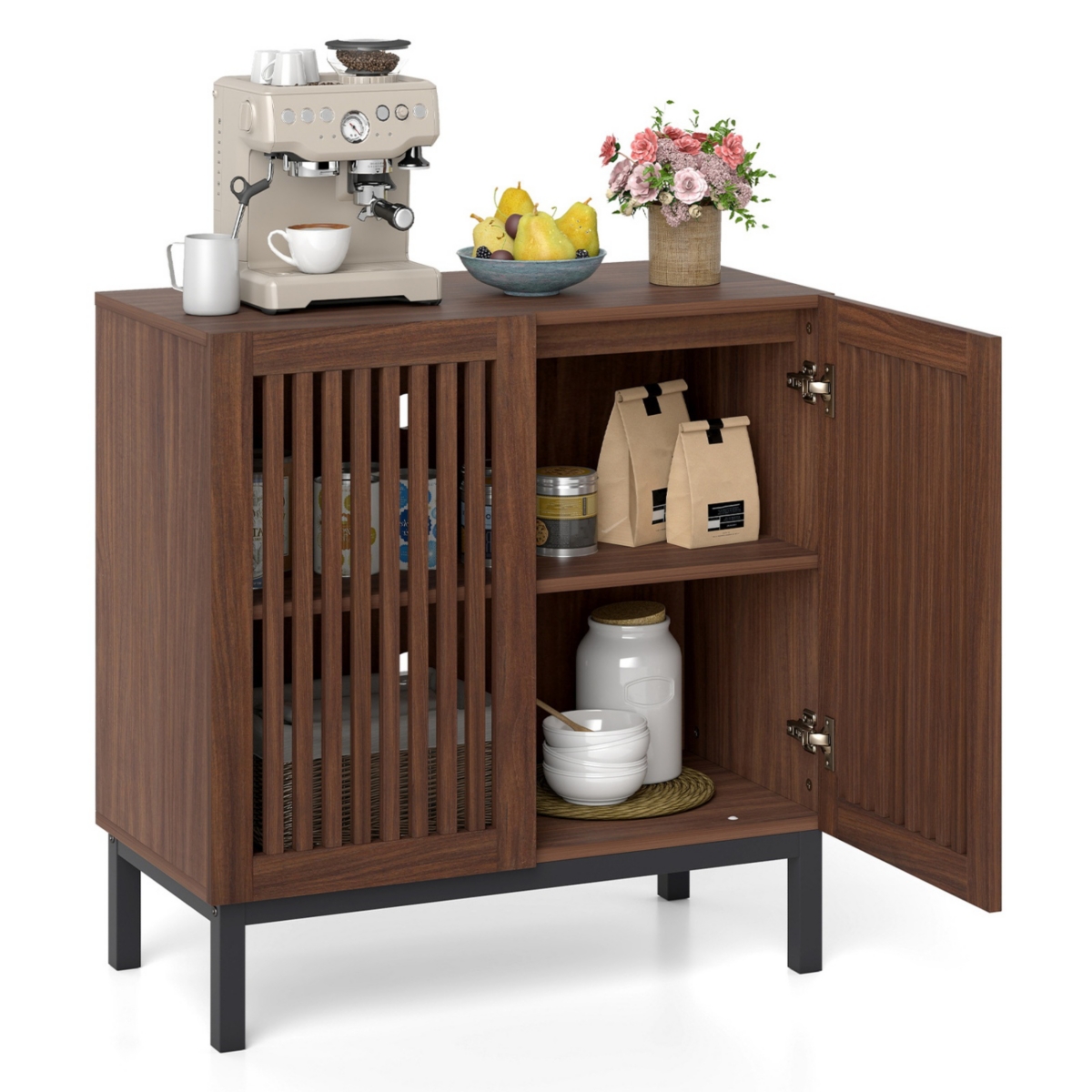 Sugift 32 Inch Farmhouse Buffet Cabinet with Grille-Striped Doors and Adjustable Shelf