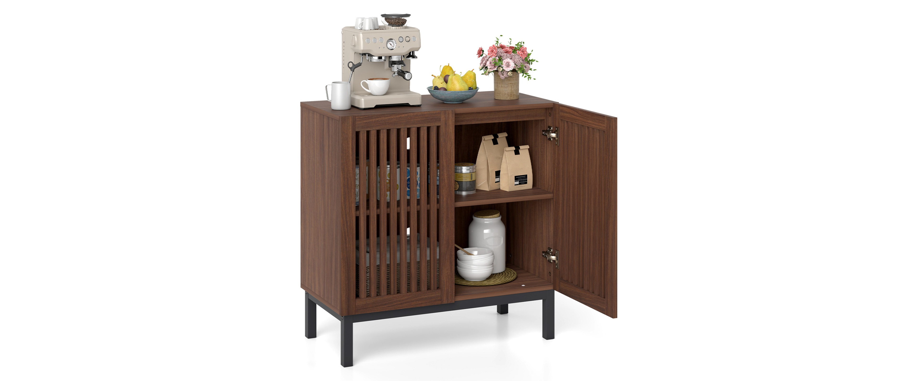 Sugift 32 Inch Farmhouse Buffet Cabinet with Grille-Striped Doors and Adjustable Shelf