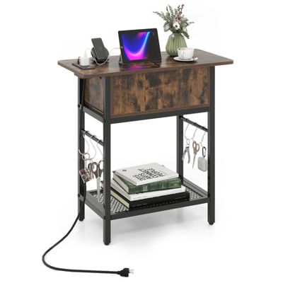 End Table with Charging Station Flip Top Hidden Compartment and Bottom Wire Shelf