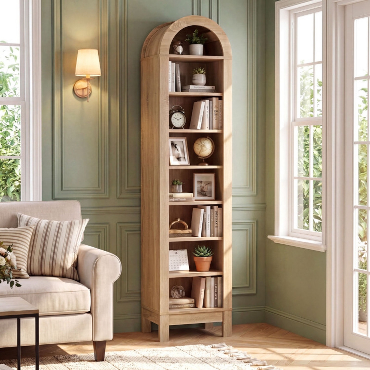 Sugift 71 Inch Tall 8-Tier Arch Bookshelf with 3 Adjustable Shelves and Slim Footprint - Natural