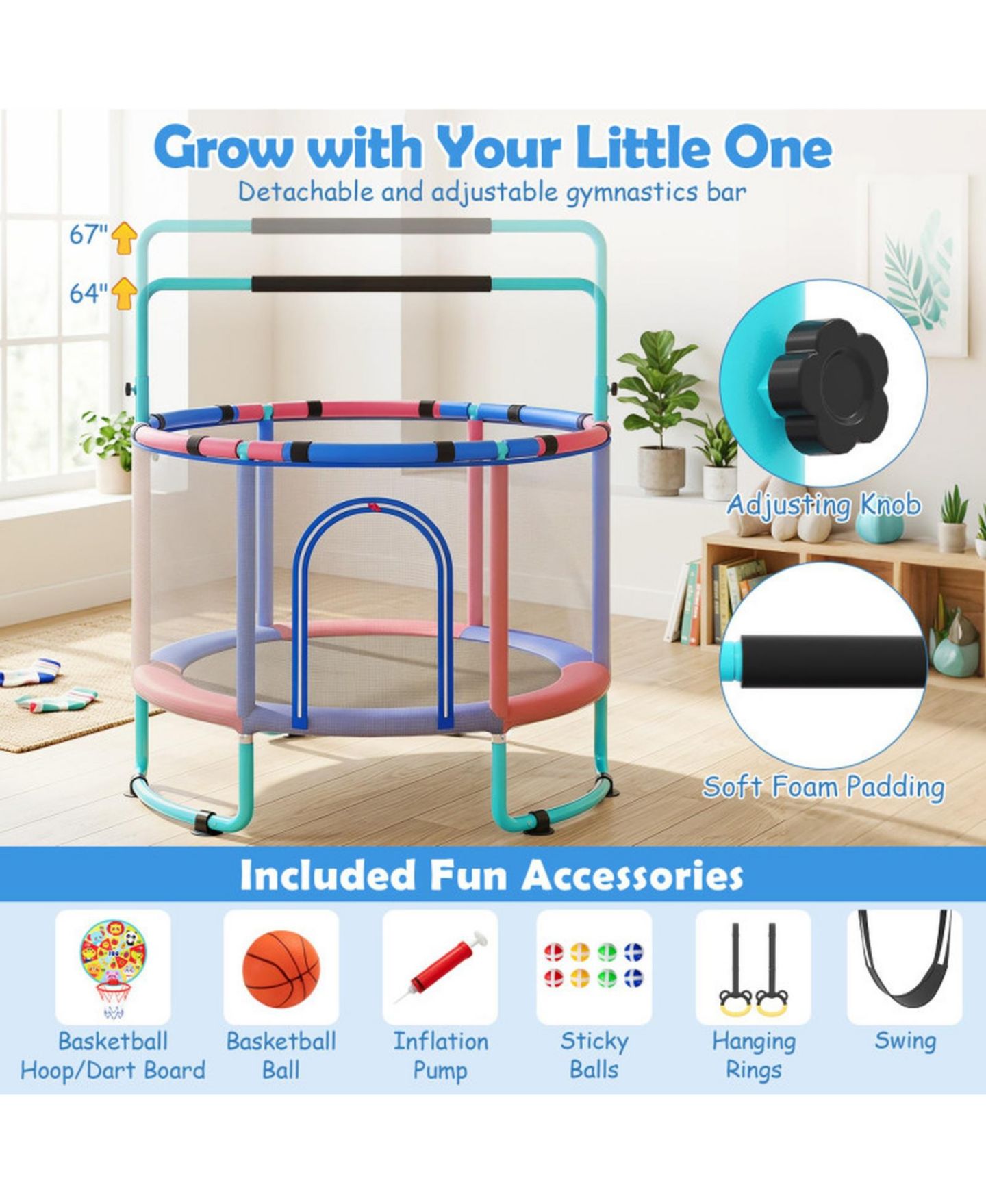 Детская игрушка SUGIFT 60" x 60" 6-in-1 Trampoline with Adjustable Gymnastics Bar, Ages 3+, цвет: Тёмно-синий — фото 4