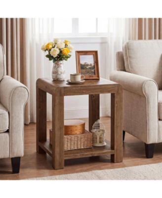 19.7" Solid Wood Square End Table, 2-Tier Farmhouse