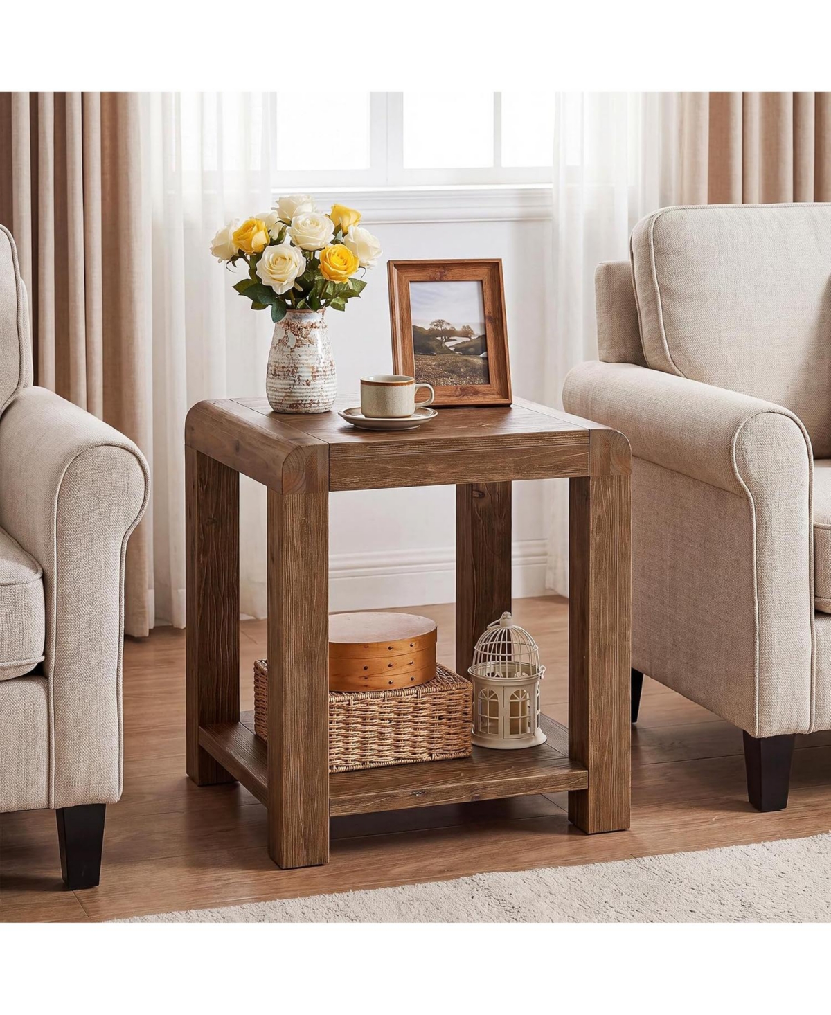 Tribesigns 19.7" Solid Wood Square End Table, 2-Tier Farmhouse